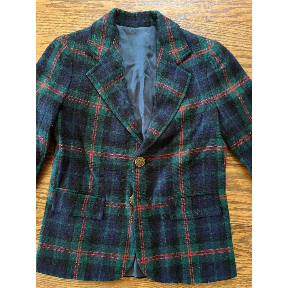 Imp Originals Vintage Kids Plaid Blazer Jacket Navy Green Red Size 7 Gold Button